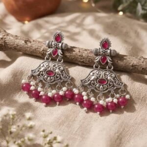 Boho Peacock Oxidized Silver Earrings Rani Pink