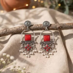 Oxidized Silver Square Stone Drop Earrings Red